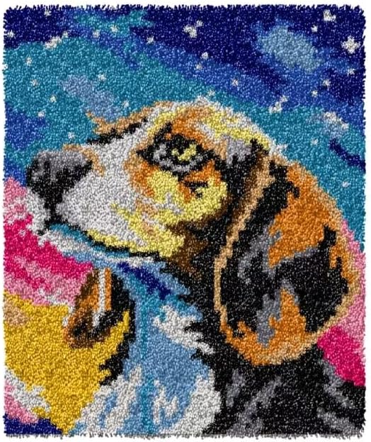 GLAECYY Latch Hook Kits Rug Crochet Yarn Kit Cushion Colour Pre-Printed Canvas Rug Needlework DIY Hook and Latch Kit (Star Dog)