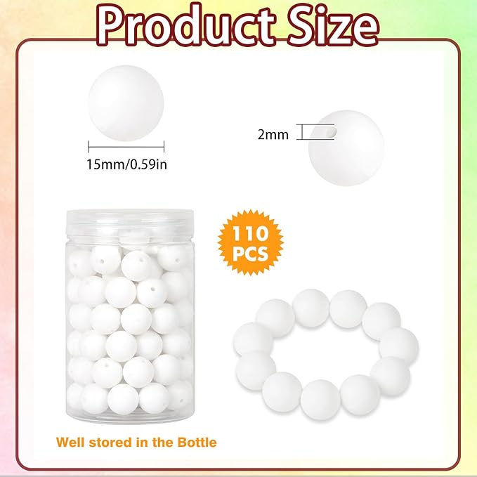 110 Pcs Silicone Focal Beads, EVERMARKET 15mm Silicone Beads for Keychain Making, Round Silicone Beads Bulk with Bottle, Rubber Loose Beads for Pens Crafts Necklace Bracelet Lanyard (White)