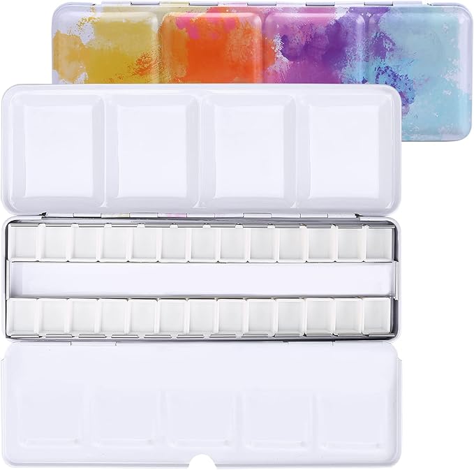 LOONENG Empty Watercolor Palette, Empty Watercolor Tin with Fold Out Palette, Medium Colorful Watercolor Tray Palette with 26 Empty Half Pans for Plein Air Painting and Sketching