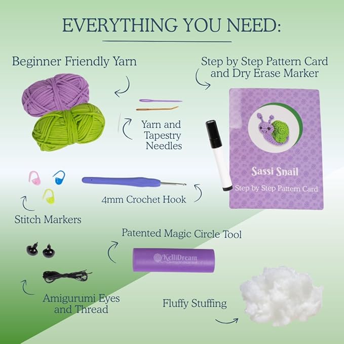 KelliDream Magic Circle Tool Inclusive Learn to Crochet Kit for Beginners+; Step-by-Step Video Tutorials; All Supplies to Make Cute Amigurumi (Snail)