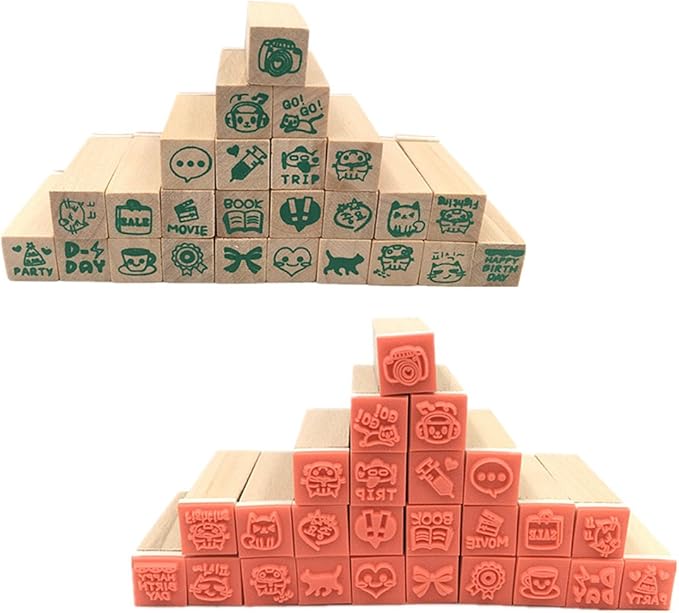 Diary Stamp Set,Wooden Rubber Signet for Children DIY Scrapbooking Card Making(25pcs,Happy Life)