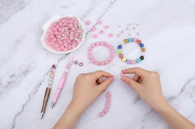 LAIDANLA 250pcs 12mm Pink Rhinestone Beads and 8mm Rondelle Spacer Beads for Beaded Pens, Sparkly Shamballa Disco Ball Bead for Bracelets Making Necklaces Earring DIY Craft