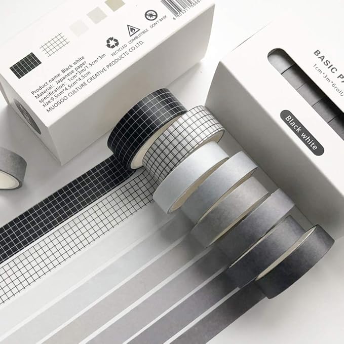 8 Rolls Washi Tape Set Basic Solid Color Black&White Plaid Grid Adhesive Decoration Label Masking Tapes for Journals Scrapbooks Planners Art Craft DIY Album Crafts Project