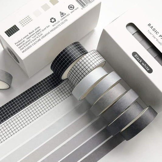 8 Rolls Washi Tape Set Basic Solid Color Black&White Plaid Grid Adhesive Decoration Label Masking Tapes for Journals Scrapbooks Planners Art Craft DIY Album Crafts Project