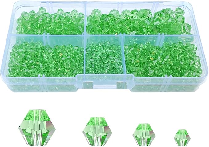 Peridot Bicone Glass Beads for Jewelry Making, Faceted Crytal Spacer Beads for Bracelet Necklace Earring (3mm 4mm 6mm 8mm Mixed Sizes, 1040pcs)