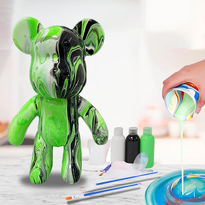 HANDA DIY Painting Fluid Bear Teddy Bear Painting Kit Set Creative Home Decorations Handmade Doll Figurine Toys Gift for Birthday Valentines (13.4 inch, Green+Black+White)