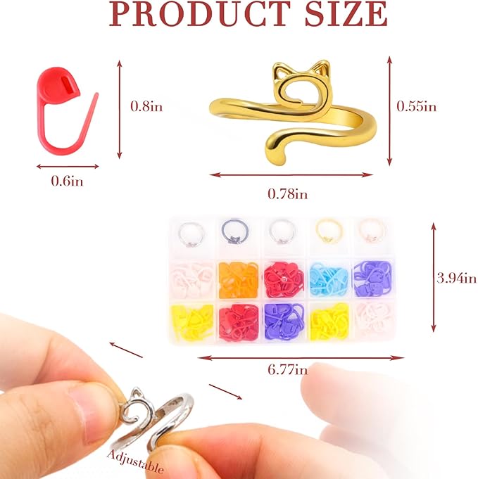 LBU 5Pcs Crochet Ring + 100Pcs Stitch Markers Adjustable Crochet Tension Rings for Finger Handmade Open Yarn Guide Crocheting Rings Knitting Accessories with Box Crochet for Crocheters Knitters(Cat)