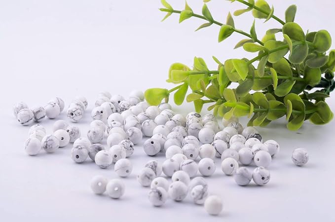 Natural Stone Beads 100pcs 8mm White Howlite Round Genuine Real Stone Beading Loose Gemstone Hole Size 1mm DIY Charm Smooth Beads for Bracelet Necklace Earrings Jewelry Making (White Howlite, 8mm)