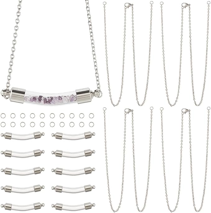 SUNNYCLUE 1 Box DIY 10 Sets Vial Necklace Kit Glass Bottle Necklace Empty Clear Screw Caps Bottles 304 Stainless Steel Glass Vials for Jewelry Making Kits Memorial Keepsake Perfume Hair Mud Supplies