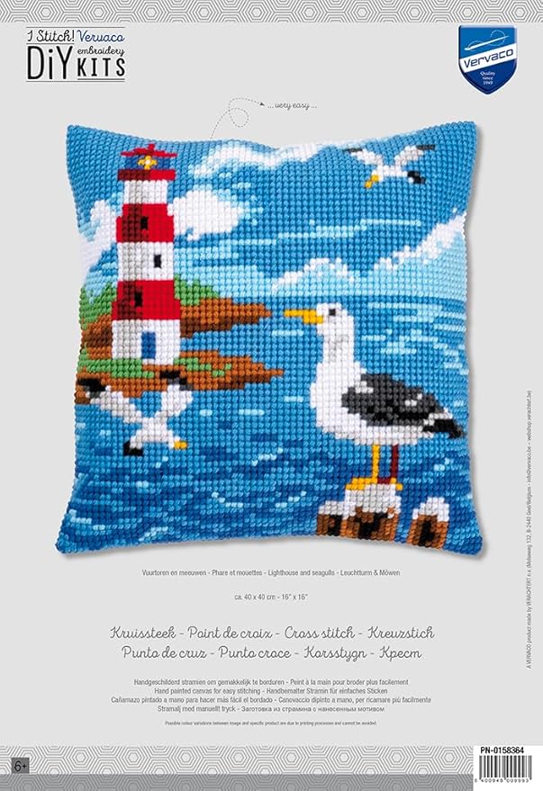 Vervaco Cross Stitch Embroidery Kits Pillow Front for Self-Embroidery with Embroidery Pattern on 100% Cotton and Embroidery Thread, 15,75 x 15,75 Inches - 40 x 40 cm, Seagulls