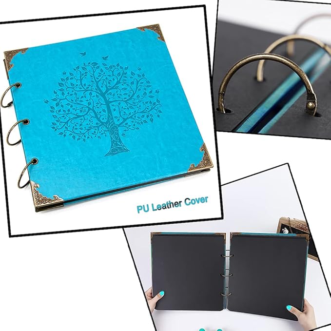 Photo Album DIY Scrapbook, 10x10 inch 50 Pages Vintage Leather Cover Three-Ring Binder Picture Booth Albums + 9 Colors 408pcs Self Adhesive Photos Corners for Memory Keep (Family Tree, Cyan)