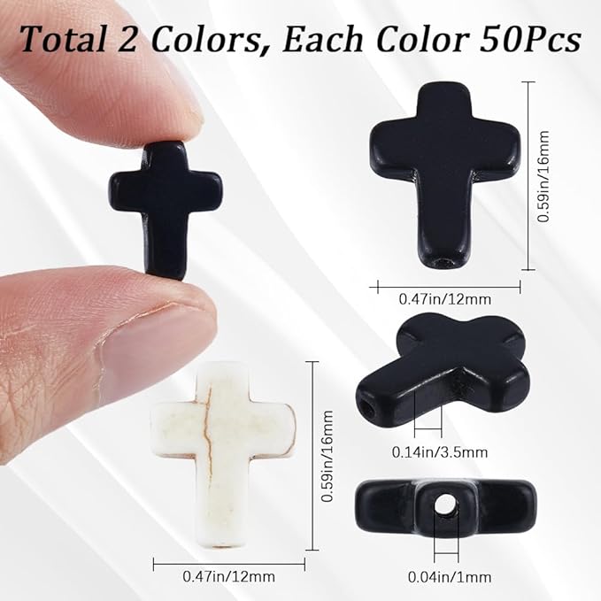 SUNNYCLUE 1 Box 100Pcs Cross Beads Bulk Black White Stone Cross Bead 16x12mm Synthetic Turquoise Gemstone Mini Small Pocket Crosses Easter Holiday Loose Spacer Beads for Jewelry Making Beading Kits