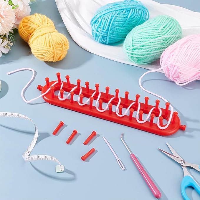 HOBBIESAY Long Knitting Loom 26cm Scarf Knitter Crochet Loom Rectangle Knitting Looms Knitting Kit with Hook Needle Red for Beginners Scarf Sweater Shawl Blankets Knittings Kit Hole:4mm
