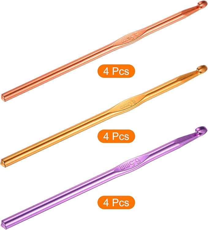 uxcell 12Pcs Aluminum Crochet Hook 5.5mm 6mm 6.5mm US Size 9 10 10.5 Knitting Needles for DIY Craft Yarn Orange Gold Purple