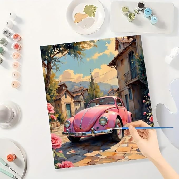 Vintage Car Paint by Numbers Kit for Adults – DIY Pink Retro Car in Street with Roses Painting on Canvas, Acrylic Paint Set for Beginners, Art for Home Decoration or Gifts(12X16IN Framed)