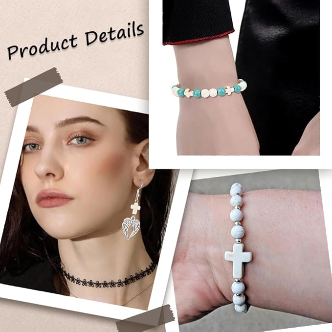 SUNNYCLUE 1 Box 90Pcs White Cross Beads Mini Small Synthetic Turquoise Stone Cross Bead Tiny Pocket Crosses Easter Holiday Crucifix Loose Spacer Beads for Jewelry Making Beading Supplies DIY Crafts