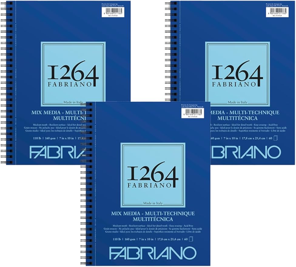 Fabriano 1264 Mixed Media Pad, 7" x 10", Spiral Bound, 110 lb., 3-Pack