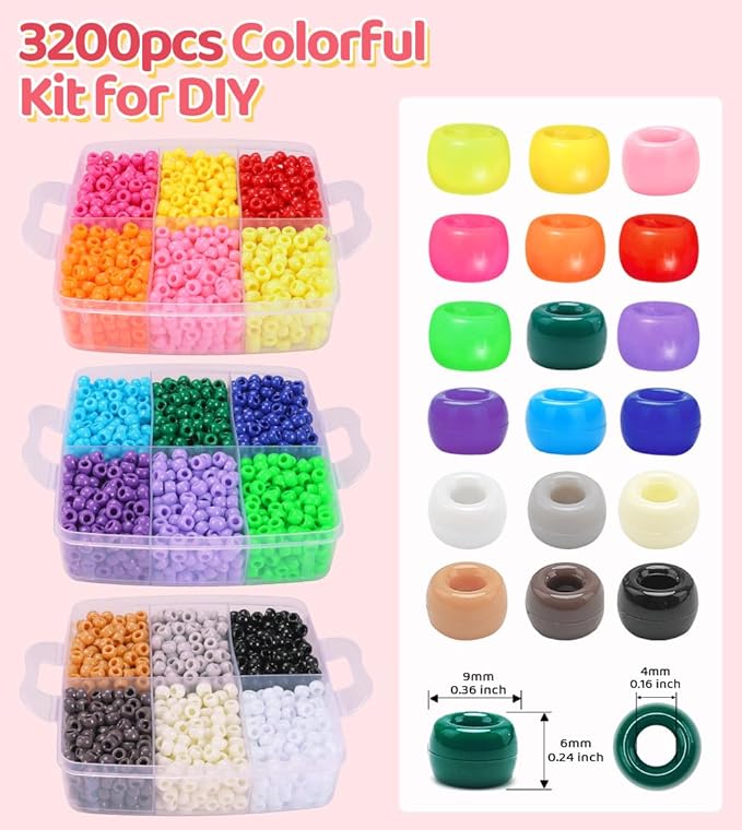 iooleem pony beads (18 colors, 3200pcs), beading kits for bracelet, beads for friendship bracelets & jewelry making, easy storage.