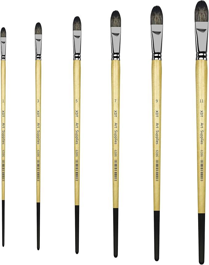 XDT#6386 Filbert Artist Paint Brush 6 Piece Set Medium Stiff Black Hog Bristle Extra Long Handle #1#3#5#7#9#11, Acrylic Oil Watercolor