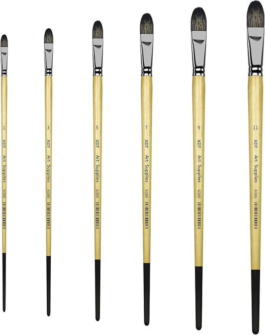 XDT#6386 Filbert Artist Paint Brush 6 Piece Set Medium Stiff Black Hog Bristle Extra Long Handle #1#3#5#7#9#11, Acrylic Oil Watercolor