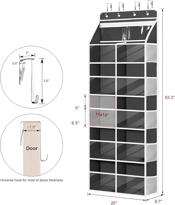 Univivi 6 Tiers Hanging Yarn Storage Organizer, Large Knitting Organizer with 12 Deep Clear Pockets & 10 Mesh Side Pockets, Over The Door Yarn Holder for Crochet Hooks, Knitting Needles, Dark Grey