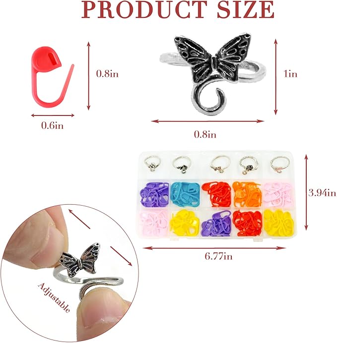LBU 5Pcs Crochet Ring + 100Pcs Stitch Markers Adjustable Crochet Tension Rings for Finger Handmade Yarn Guide Crocheting Rings Knitting Accessories with Box Crochet Gifts for Women Mom Crocheters