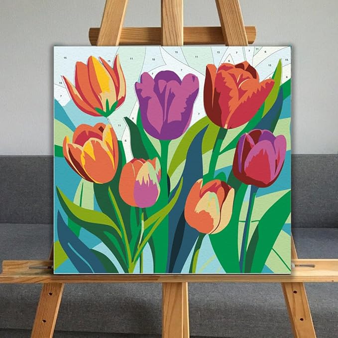 JUJUHOOD Tulip Flower Framed Paint by Numbers Kit for Adults Beginner & Kids Ages 8-12, Easy Paint by Number Without Easel, Simple Paint by Numbers for Gift Home Wall Decor (10x10Inch)