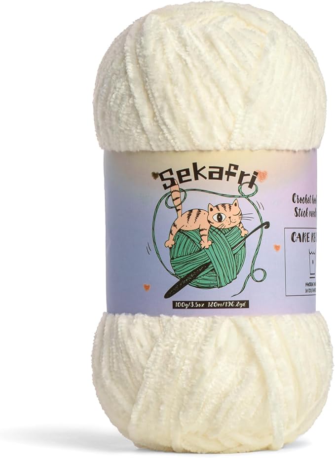 Fuzzy Chenille Yarn for Crocheting,Fluffy Amigurumi Crochet Yarn for DIY Craft/Hat/Shoes,(100 g/197 yds) Soft Velvet Baby Blanket Yarns（White）