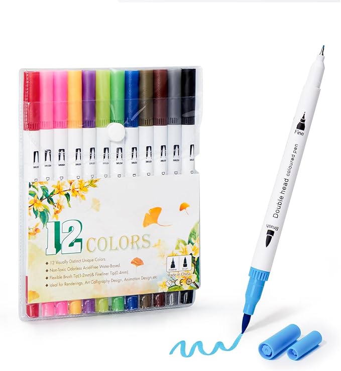 12 Colors Markers for Adult Coloring Books No Bleeding - Dual Tip Water Based Art Coloring Markers Set for Drawing, Painting, Fine Tip and Brush Tip Brush Pens for Artists(White Barrel)