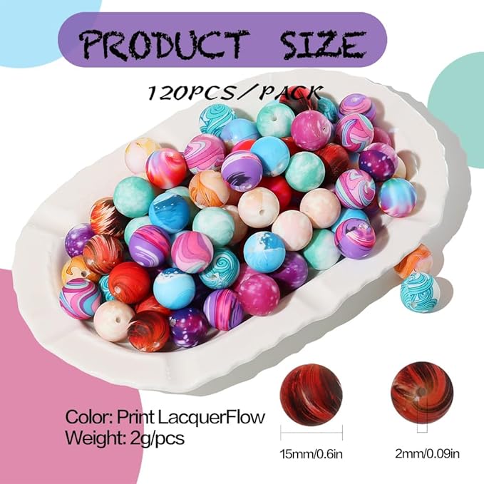 120pcs Richbunnys 15mm Bulk Silicone Beads for Pens and Keychain Making,Large Bead for Necklace and Bracelets Making,Assorted Rubber Beads Set for Crafts(LacquerFlow)