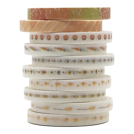 Vintage Pattern 5mm Wide Skinny Washi Tapes Set, 10 Rolls Minimalist Yellow Japanese Masking Decorative Tapes for Bullet Journal Planners DIY Decor Crafts Arts Scrapbooking Adhesive