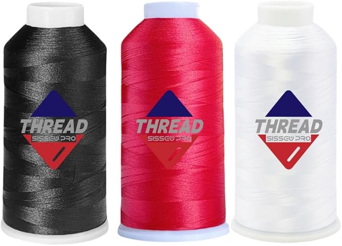 Sissewpro 40WT Machine Embroidery Thread 3 Big Spool (5,000M Each 15,000M Total) – White Black Red Polyester Embroidery Machine Thread 120D/2 for Commercial & Home Embroidery Machines