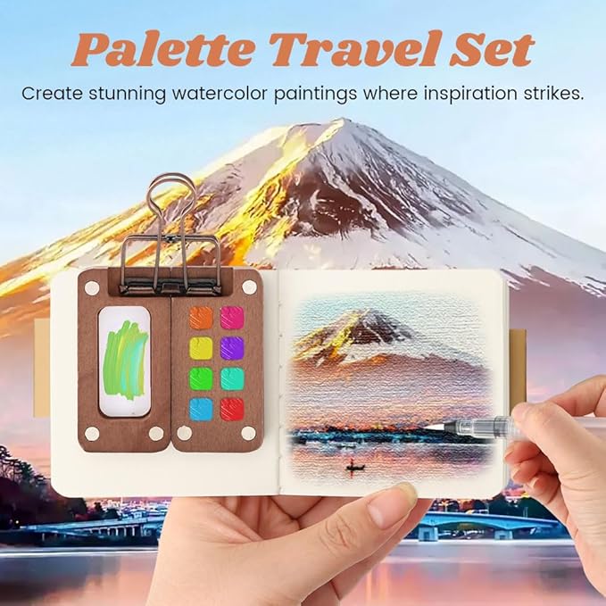 Mini Watercolor Palette Paint Set - 12 Colors with 8-Wooden Grid, Mini Sketchbook & Brush | Portable Artist Kit for Travel, Students, Beginners & Professionals