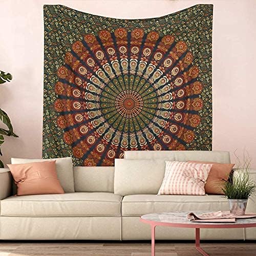 bless international handmade indian hippie bohemian psychedelic peacock mandala wall hanging college dorm beach throws table cloth bedding tapestry (golden green, queen(84x90inches)(215x230cms))