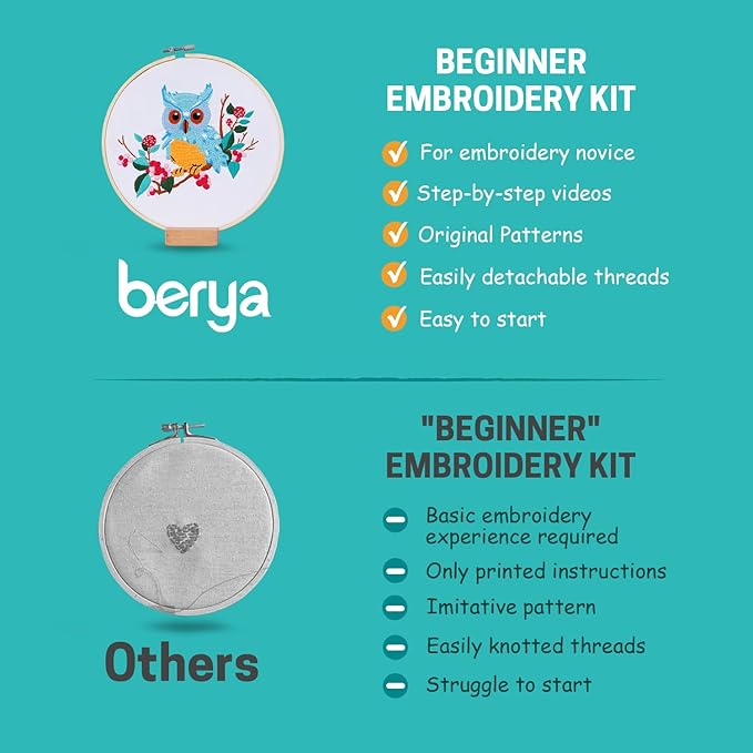 BERYA Owl Embroidery Kit, Embroidery Kit for Adult, Owl Pattern Practice Kit, Including Video Step by Step Instructions, Embroidery Hoop, Cloth, Needles and Thread for DIY Craft Lover (BEO011)