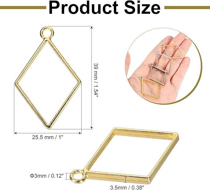 uxcell 60Pcs Alloy Open Bezel Pendants, Diamond Shape Hollow Frame Pendant Geometric Open Back Frame Pendant for Resin Jewelry Making Earrings Necklace Bracelet DIY, Gold Tone
