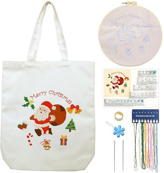 CREAWONDER Canvas Tote Bag Embroidery Kit with Pattern for Beginners, Arts and DIY Embroidery Crafts Kits for Adults, Include Instructions, Thimble, Embroidery Hoops, Color Threads and Tool