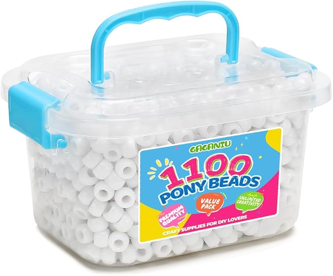 gaganiu pony beads 1100+ pcs – white plastic kandi beads in jar for bracelets, hair braids, jewelry making & diy crafts