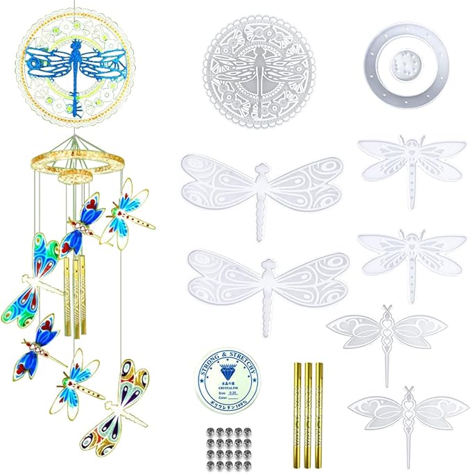 32Pcs Wind Chimes Resin Molds Dragonfly Wind Bell Silicone Molds Kit Dragonfly Wall Hanging Epoxy Casting Molds for Ornament Coaster Home Decorations Crafts (Dragonfly Wind Bell Mold)