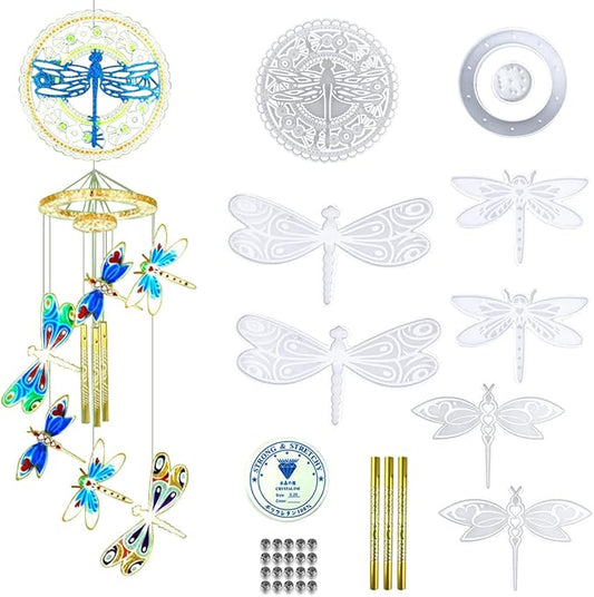 32Pcs Wind Chimes Resin Molds Dragonfly Wind Bell Silicone Molds Kit Dragonfly Wall Hanging Epoxy Casting Molds for Ornament Coaster Home Decorations Crafts (Dragonfly Wind Bell Mold)