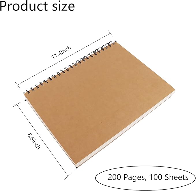 BGJRBY 8.6 inch x11.4 Inch Spiral Sketch Book Large Notebook（Built-in drawing board） Kraft Cover Blank Sketch Pad Wirebound Sketching for Drawing Painting (2 Pack) 200 Pages, 100 Sheets