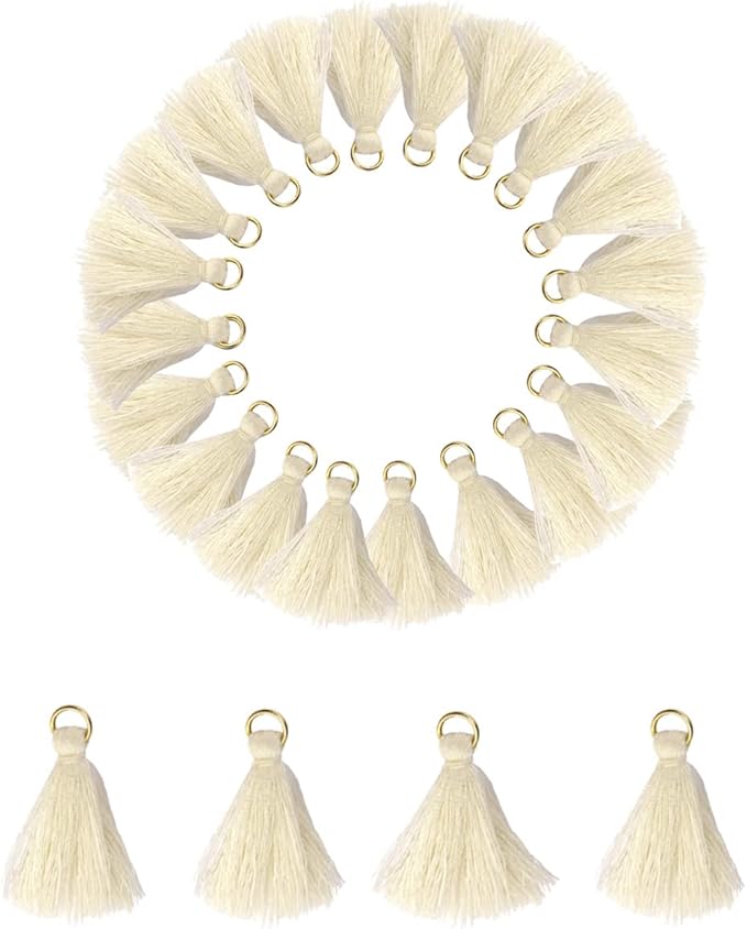 MSCFTFB 100 Pieces Mini Tassels Mala Tassel Kit with Jump Rings for Earring Necklace Jewelry Making Garland Keychain Charms Crafts Decorations(Beige)