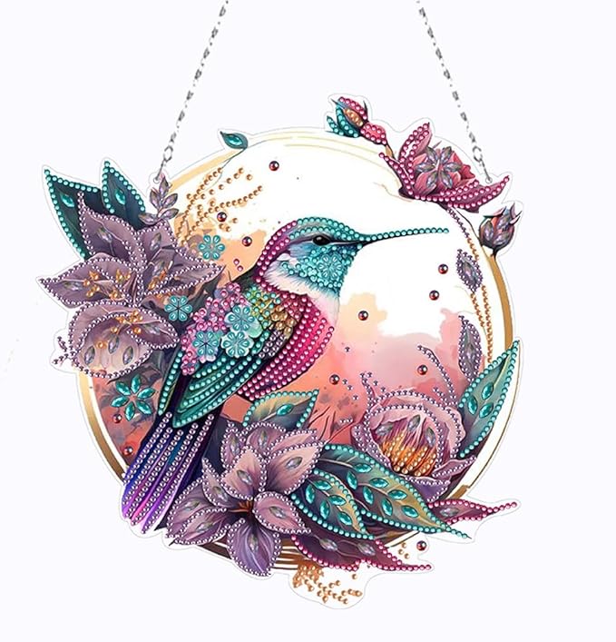 POETRYDRAW DIY Hanging Diamond Art Pendant Kit Hummingbird, Special Crystal Diamonds Painting Ornament for Adults, Diamond Art Suncatchers Double Sided Board Gem Painting Box Kit