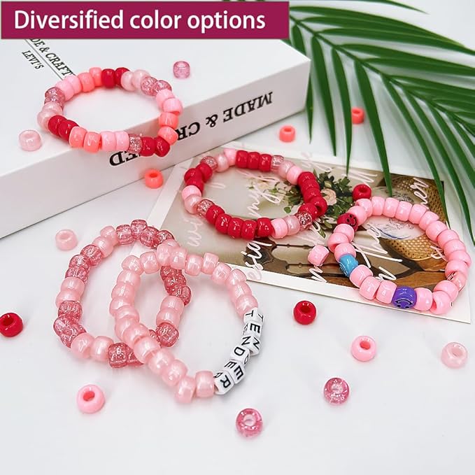 MIIIM 1300 Pcs Pony Beads Kit for Friendship Bracelet, 6 Styles Kandi Bracelet Kit in Box with Individual Compartments, Hair Beads for Braids, Letters (Pink Shades)