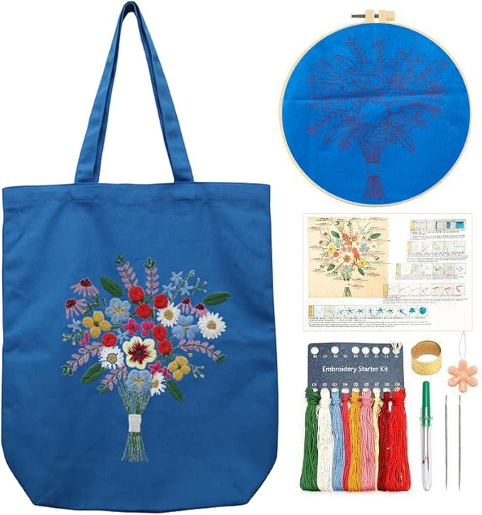 CREAWONDER Canvas Tote Bag Embroidery Kit with Pattern for Beginners, Arts and DIY Embroidery Crafts Kits for Adults, Include Instructions, Thimble, Embroidery Hoops, Color Threads and Tool