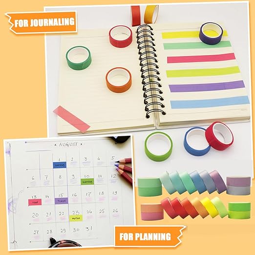 Washi Tape Set 20 Rolls - 15 mm Rainbow Colors Decorative Tape for Bullet Journal, Planner, DIY Arts Crafts, Scrapbooking, Holiday Decoration