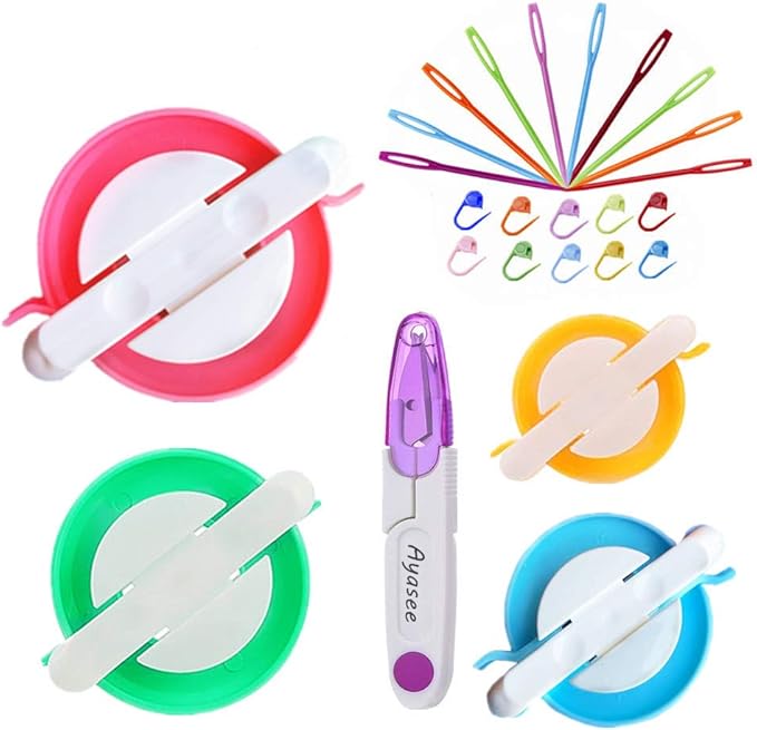 Pompom Maker Kits, Pom pom Knitting Loom Kit Fluff Ball Weaver Needle Craft DIY Knitting Crochet Craft Tool Kit, 4PS Pompom Maker+10PS Knitting Stitch Markers+10PS Plastic Needles+1PS Scissors(25)