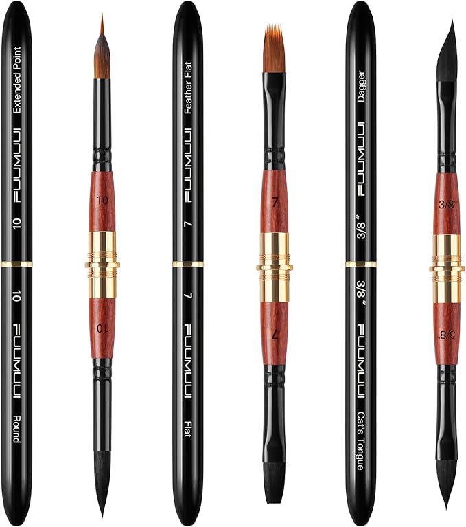 3pcs Dual-Tip Travel Watercolor Brushes - 6 Tip Styles, Fuumuui Sable Synthetic Squirrel Hair Travel Brushes Set with Leather Pouch Perfect for Watercolor Gouache Ink Painting