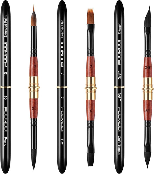 3pcs Dual-Tip Travel Watercolor Brushes - 6 Tip Styles, Fuumuui Sable Synthetic Squirrel Hair Travel Brushes Set with Leather Pouch Perfect for Watercolor Gouache Ink Painting