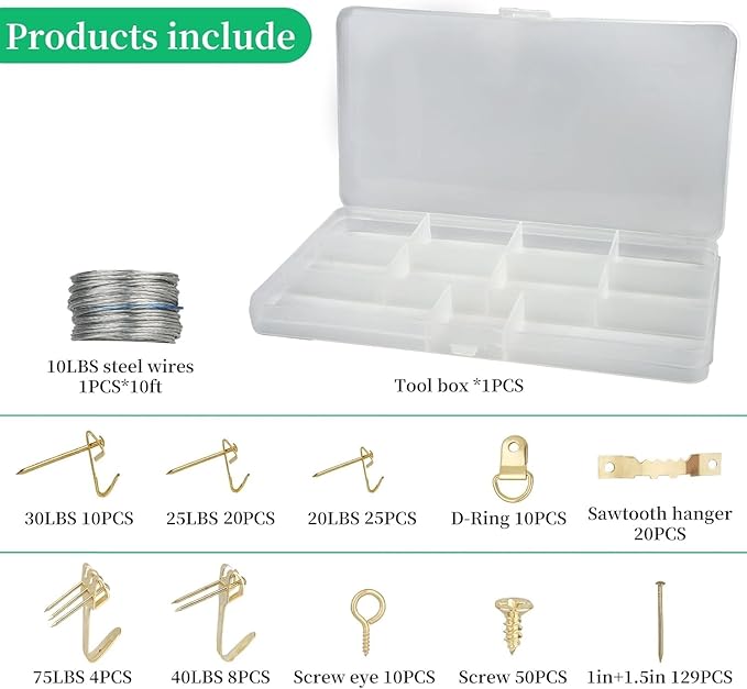 Picture Hanging Kit,Picture Hangers,Wall Hanging kit,Picture Frame Hanger Tool 290 Pieces Heavy Duty Photo Hanger Accessories with Picture Hanging Wire, Hooks, Nails ，Hammer and Wall Hanger Level